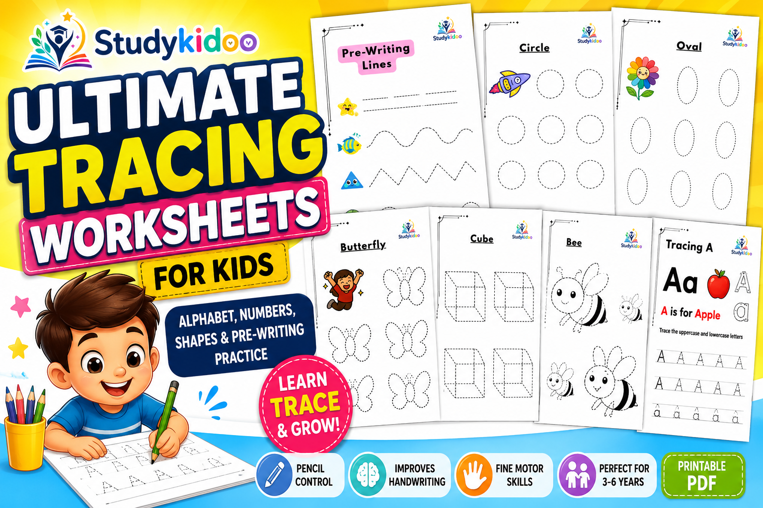 Ultimate Tracing Worksheets Bundle for Kids | Alphabet, Numbers, Shapes & Pre-Writing Practice | StudyKidoo