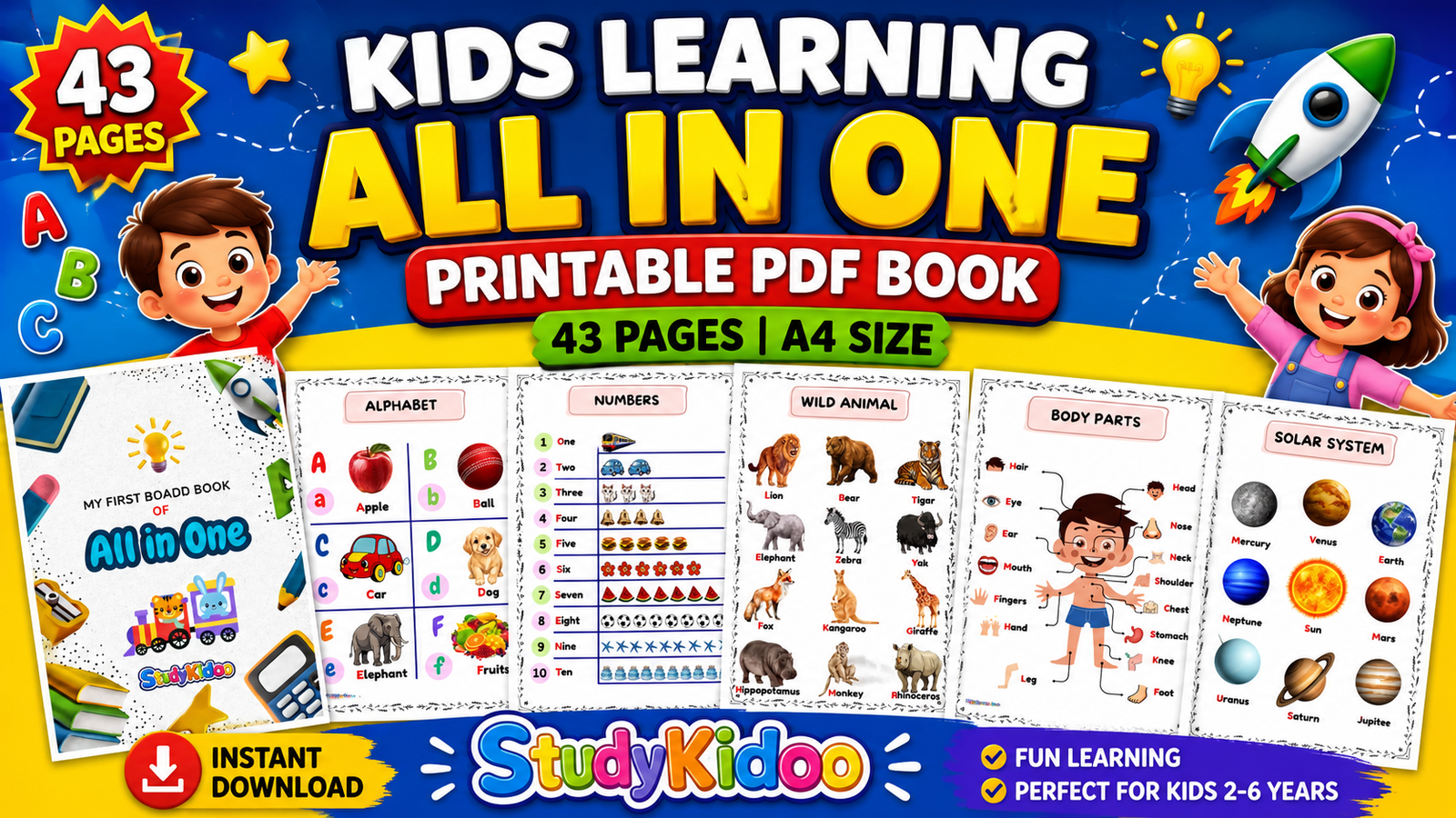 Kids Learning All in One Printable PDF Book | 43 Pages Nursery, LKG & UKG Worksheets | StudyKidoo
