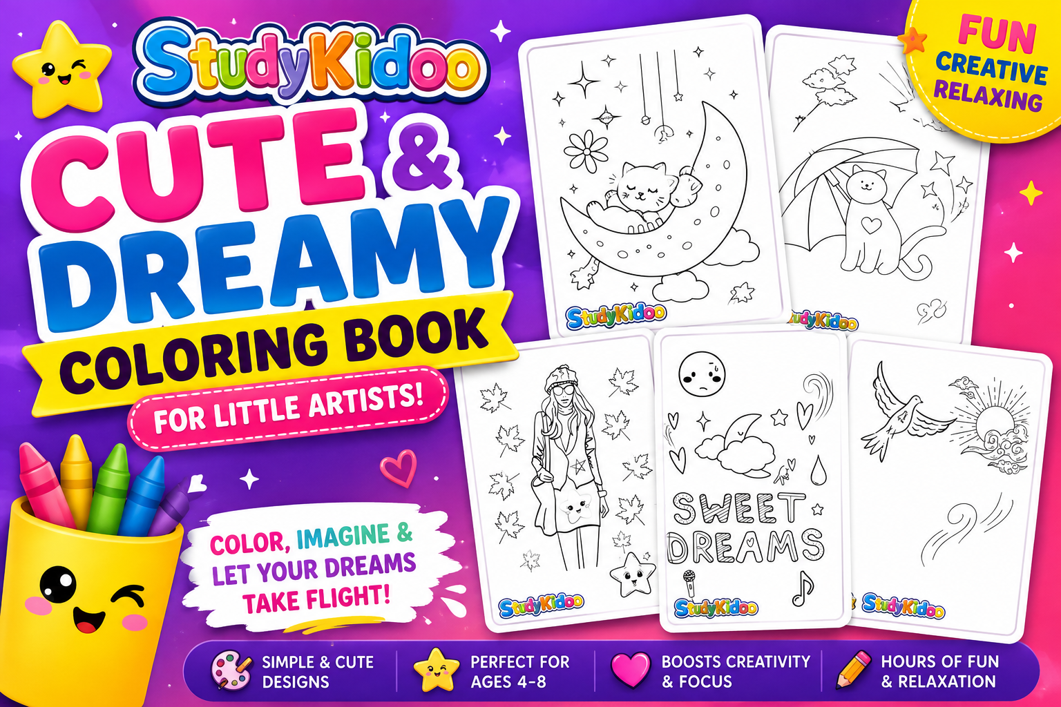 Cute & Dreamy Coloring Book for Kids (Ages 4–8) | Printable PDF Coloring Pages | StudyKidoo