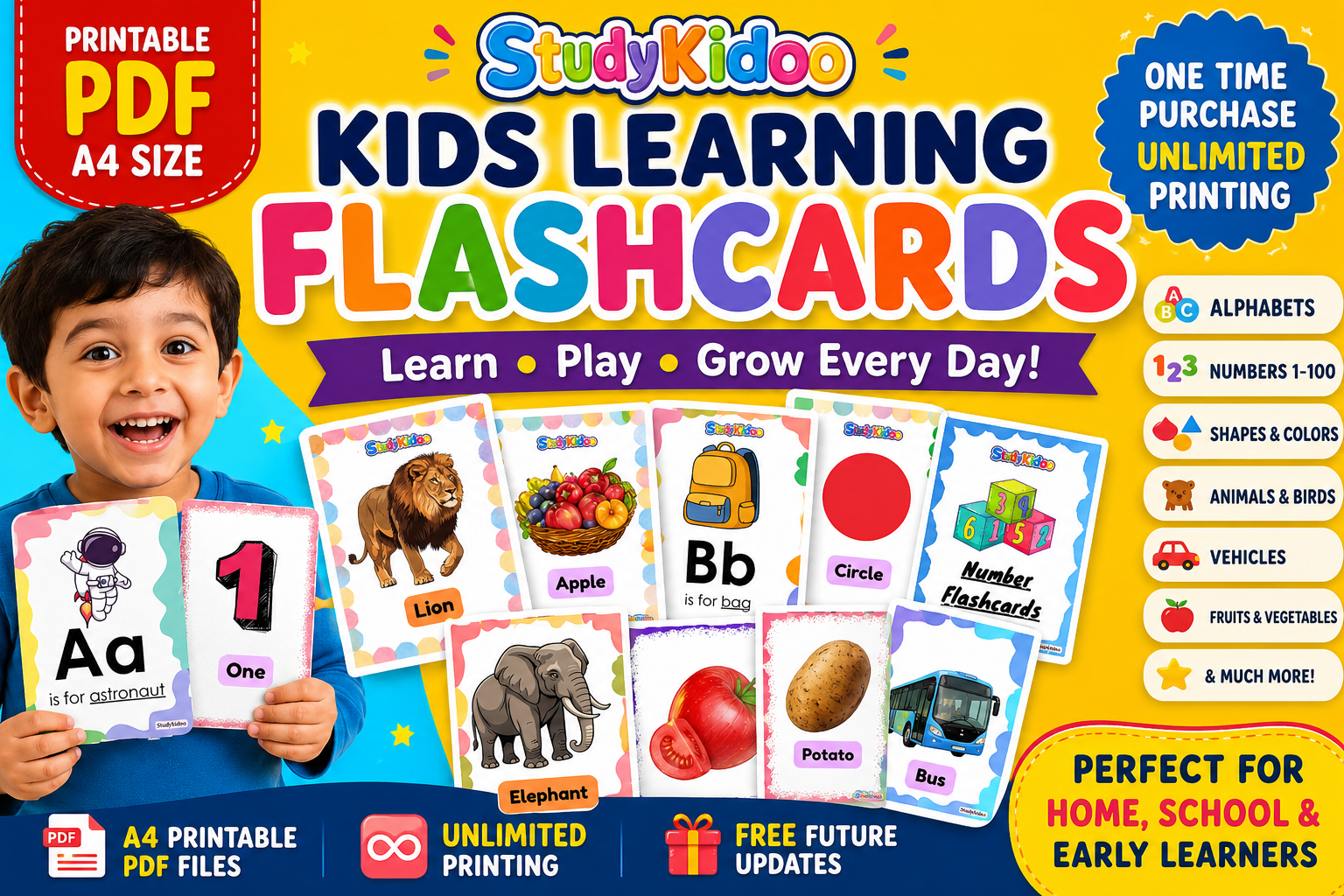 Kids Learning Flashcards Bundle | Alphabets, Numbers, Shapes, Animals etc