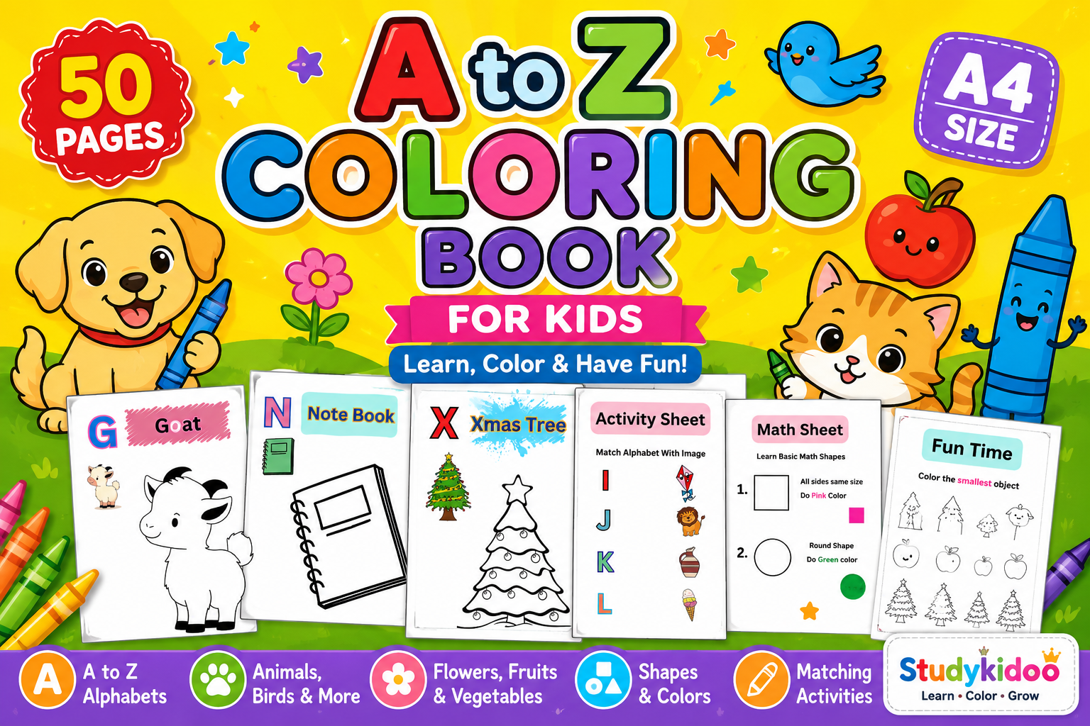 A to Z Alphabet Coloring Book PDF | 50 Printable Worksheets for Kids | Matching, Shapes & Coloring | StudyKidoo