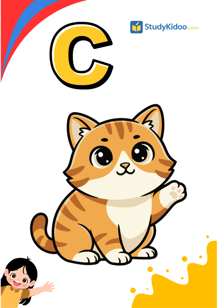 Letter C for kids with cat, letter c worksheet for kids