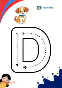 Tracing Letter D for kids with dog, letter d worksheet for kids