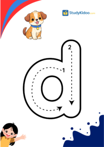 Tracing Letter d for kids with dog, letter d worksheet for kids